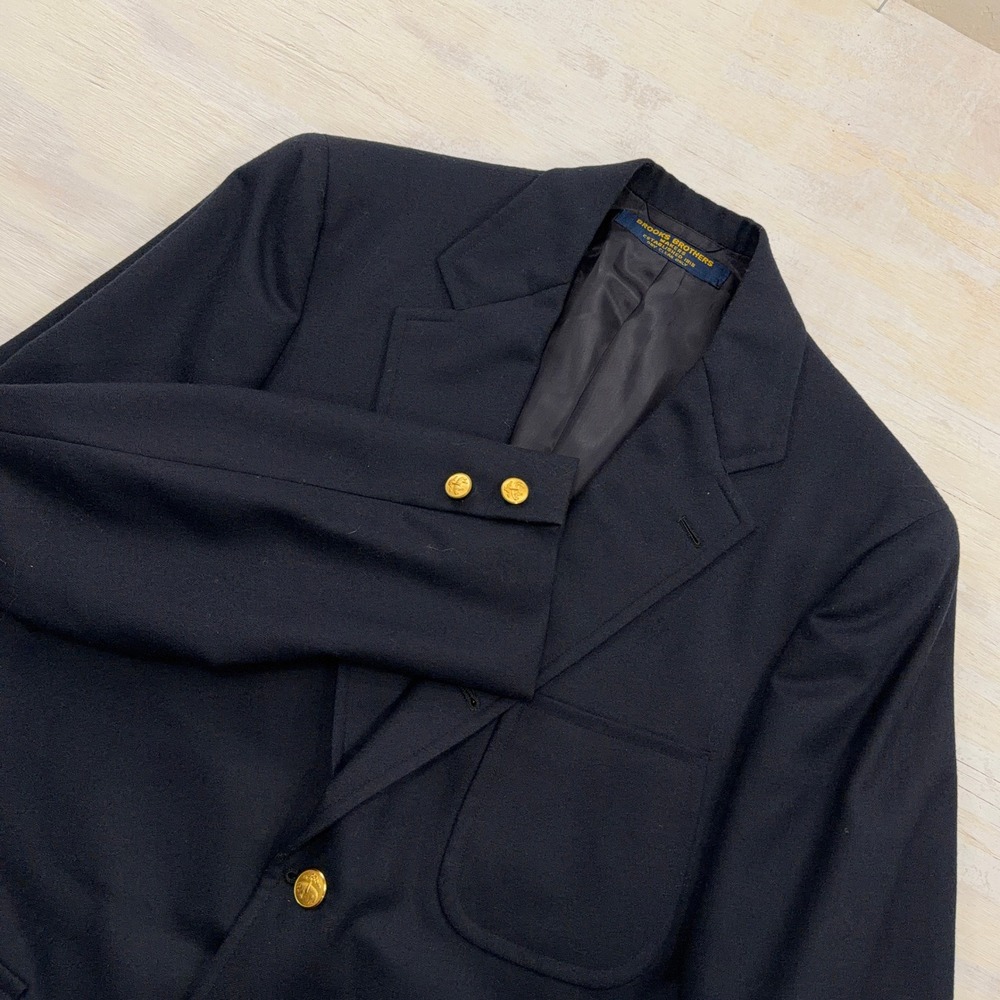 Brooks Brothers Blazer Wool Gold Crest Button 37RG Navy Blue Sport Coat Mens
